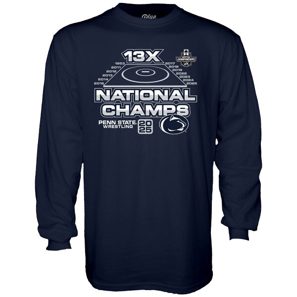 navy long sleeve t-shirt 13x National Champs Penn State Wrestling 2025